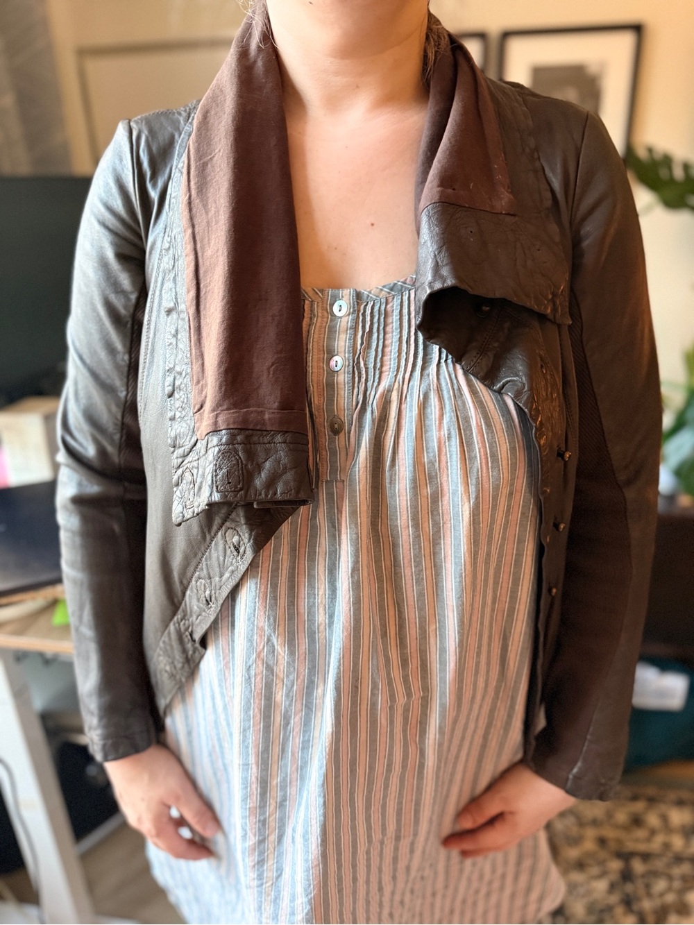 Vintage AllSaints Brown Leather Asymmetrical Drape Jacket Size 12